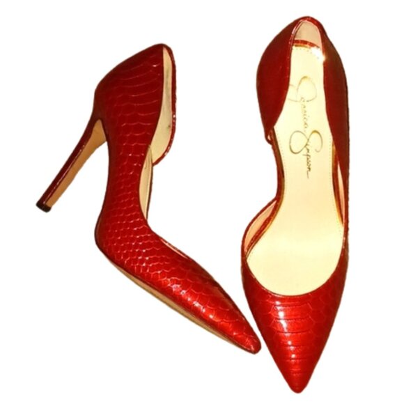 Jessica Simpson Shimmer Flame Red Patent Leather Crocodile Stiletto Heels Sz 9 - Picture 3 of 6